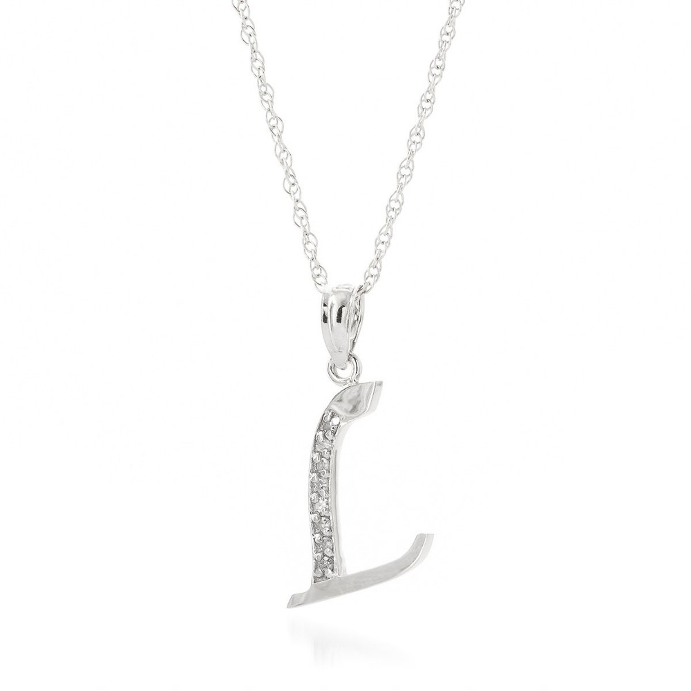 14K. SOLID GOLD NECKLACE WITH NATURAL DIAMONDS INITIAL 'L' PENDANT (White Gold)